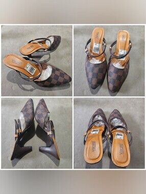 Colorblock Brown Check Pointed Slingback Heels